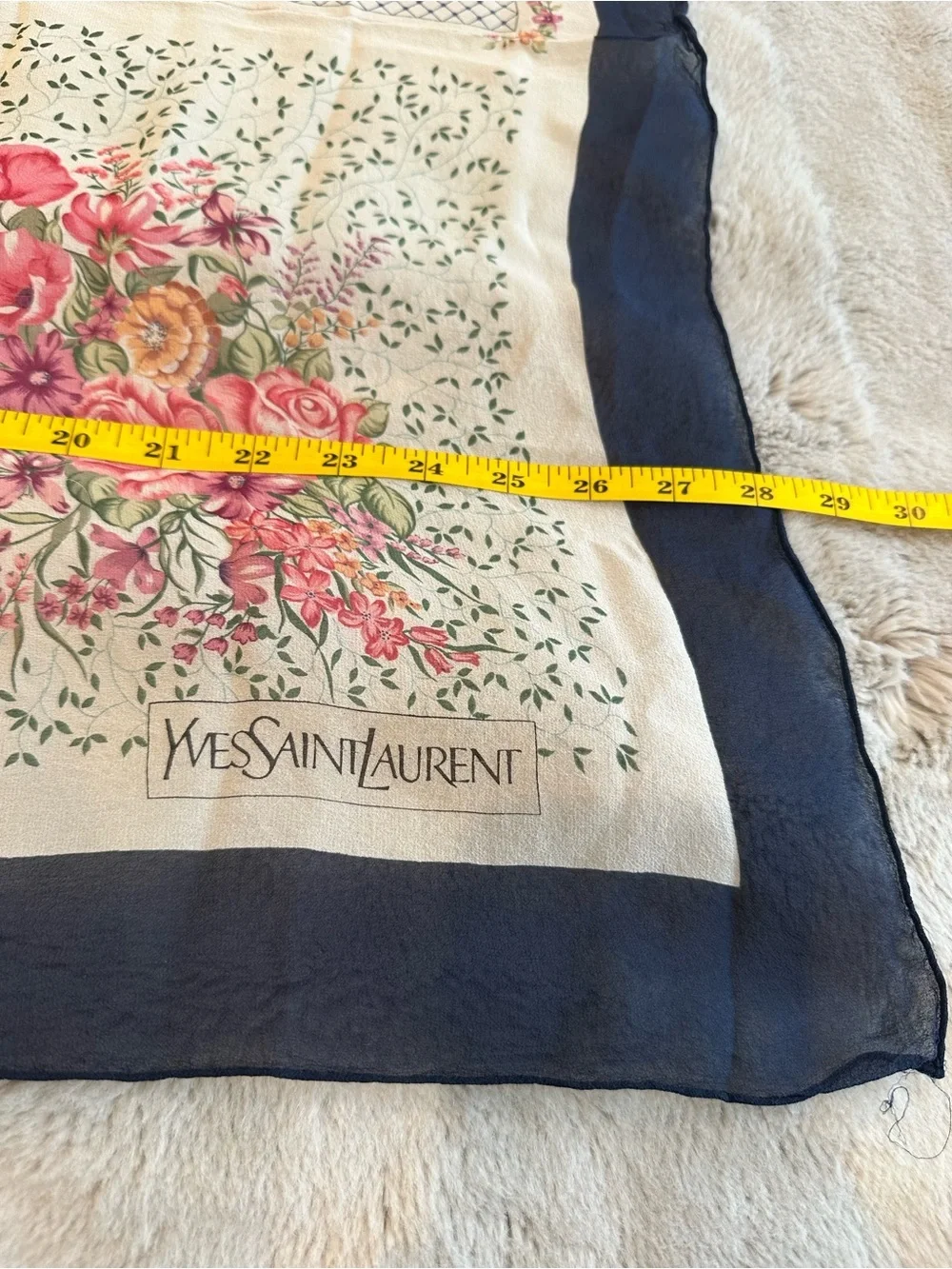 Yves Saint Laurent Cream Silk Scarf with Pink Floral & Navy Border